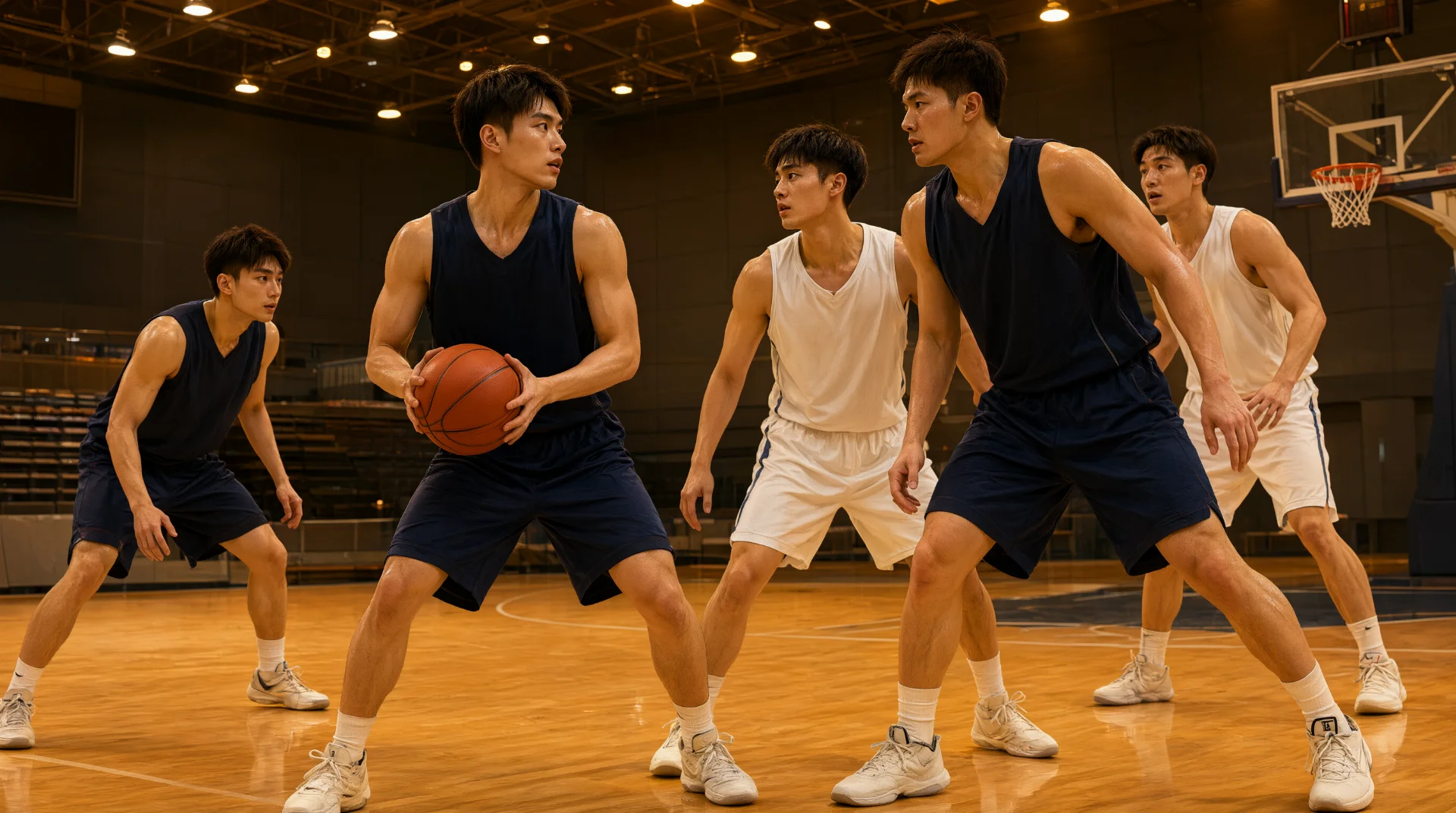 室内篮球馆中，五名男球员半场对抗：深色球衣球员双手持球转头看向侧方，白衣球员贴近防守，另一名深色球衣球员跨步张臂似做掩护，其余球员分散观察，背景可见篮筐。