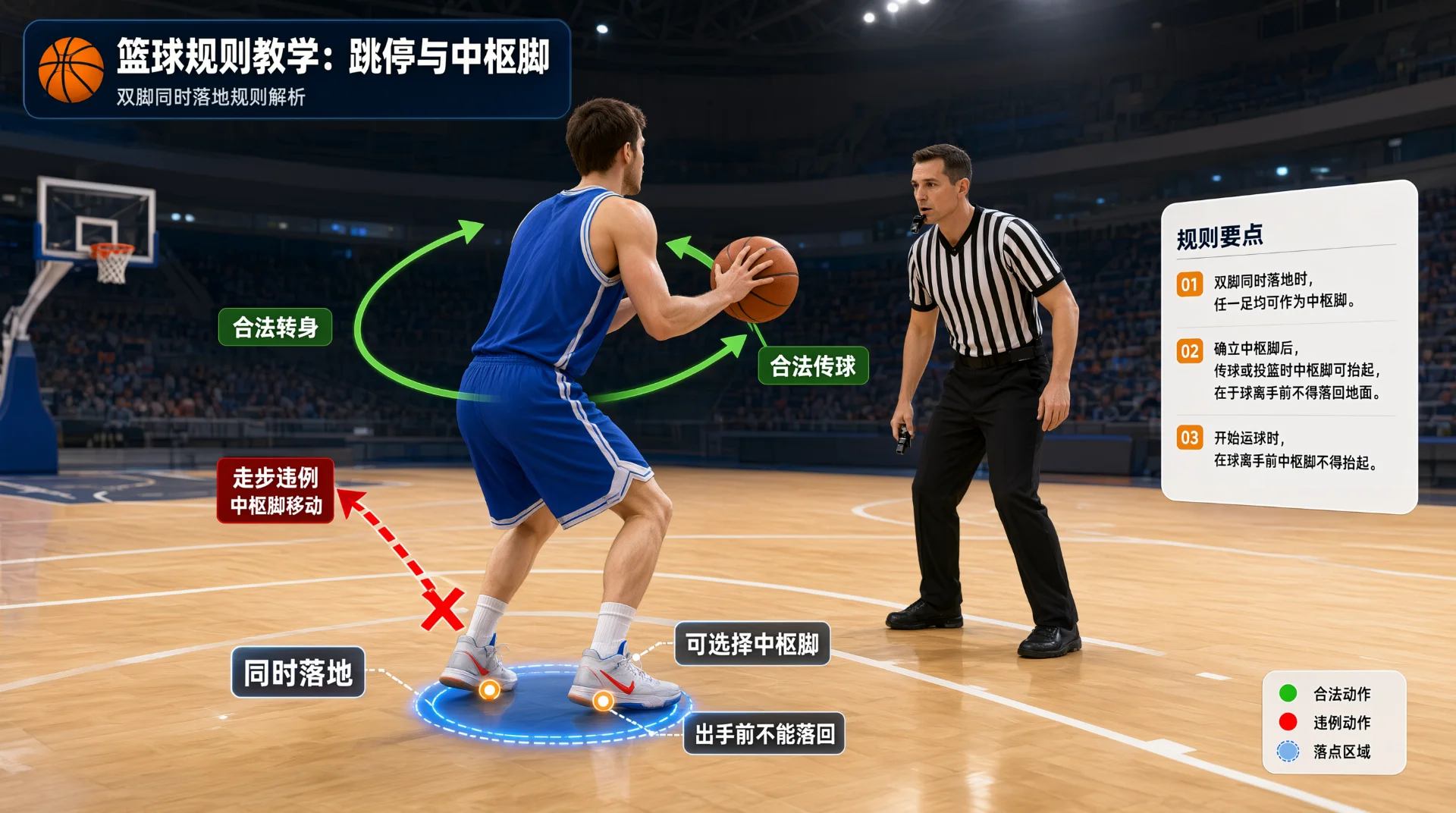 篮球教学示意图：蓝衣球员双手持球、双脚同时落地，裁判在旁观察；绿色箭头标合法转身与传球，红色箭头标走步违例，地面标签注明同时落地、可选择中枢脚、出手前不能落回。