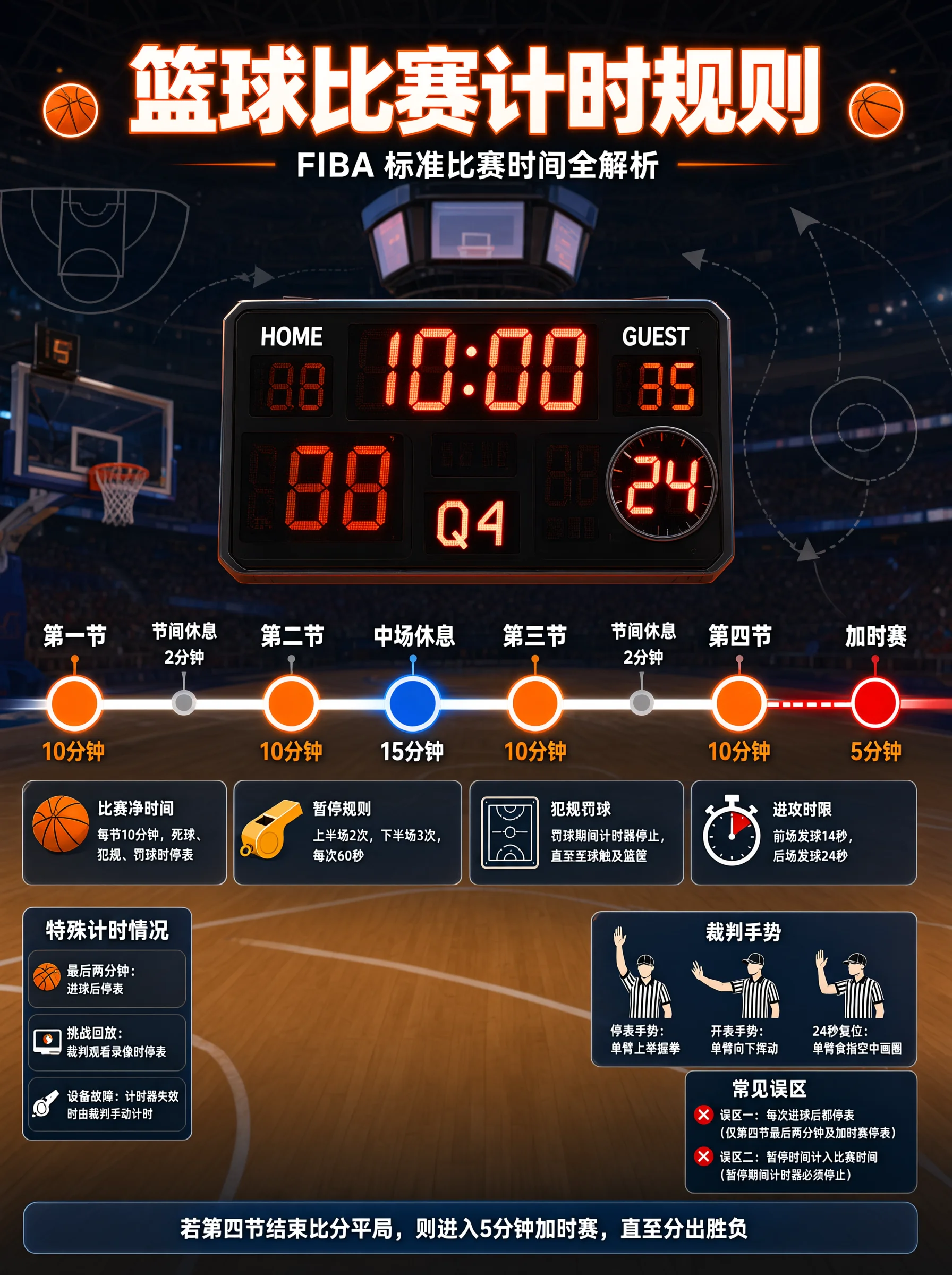 篮球计时规则信息图：计分板显示10:00与24秒；时间轴标出四节各10分钟、节间休息2分钟、中场休息15分钟、加时5分钟；下方附暂停、犯规、裁判手势等说明。
